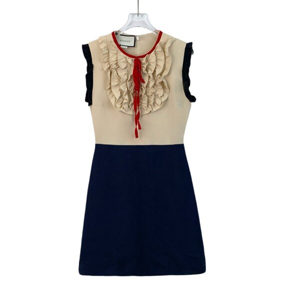 Gucci Color-Block Lace-Up Bordered Round Neck Sleeveless Silk Dress - Picture 1 of 8